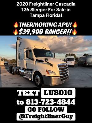 2020 Freightliner Cascadia 126 Sleepers For Sale in Tampa Florida!/ ONLY $39,900!/ Detroit DD15/ 455 HP 1650 Torque/ 620k miles/ Detroit DT12 AMT/ Raised Roof Double Bunk/ 3:08 GEAR RATIO/ 227 WB/ THERMOKING APU!/ BRAND NEW VIRGIN RUBBER/ EXTENDED WARRANTY AVAILABLE!/ Fresh PM service & DOT/  MORE TRUCKS AVAILABLE TODAY!/ TEXT LU8010 to 813-723-4844/ Go to FreightlinerGuy.com for more info!!#Trucking #truckinglife #kenworth #peterbilt #FreightlinerGuy #truckdriver #freightliner #owneroperator #detroitdiesel #truckdrivingjobs #truckertok #Southporttruck  GO FOLLOW US @FreightlinerGuy!