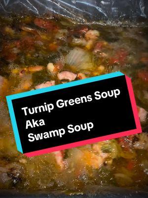 Turnip Green Soup aka Swamp Soup Ingredients: 2 - 27 oz cans - “Margaret Holmes” Seasoned Turnip Greens (strain 1 can and use all of other can) 32 oz - Chicken Broth (reduced sodium) 2- 10 oz cans Rotel (1 Hot and 1 Regular) 2- 15 oz cans Black Eye Peas (strained) 2- 15 oz cans Northern Beans (strained) 2- 15 oz cans Pinto Beans (strained) 2 lbs smoked sausage (Conecuh Brand - original)  2 small onions or 1 big onion (chopped) Directions: Dice sausage in small pieces and add to frying pan. Then add chopped onion to pan. Brown the sausage and onion.  Place cooked sausage and onions in crockpot,  then Add all other ingredients to crockpot and cook on low for 6-8 hours.  *Makes a full 8 quart crockpot #turnipgreenssoup #swampsoup #crockpotswampsoup #easyrecipeideas 