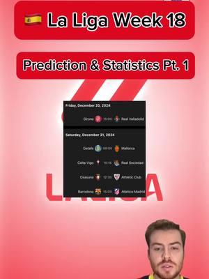 🇪🇸 LA LIGA WEEK 18 PREDICTIONS, STATISTICS & TIPS  PART 1 | More predictions on FanBasis in my bio | Statistics are from thr HOFB app, link in my bio | —————————————#laliga #laligasantander #laligapredictions #laligatips #laligapicks #footballpredictions #soccerpredictions #soccertips #soccerpicks #footballtips #footballpicks #freefootballpicks #freefootballpredictions #freesoccerpredictions #freesoccertips #gironafc #realvalladolid #getafecf #rcdmallorca #celtavigovsrealsociedad #osasunavsbilbao #barcavsatletico 