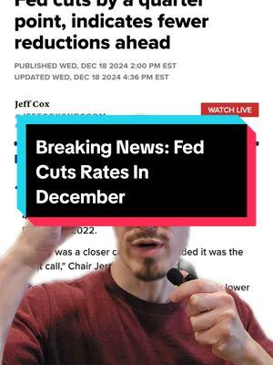 Breaking News! As expected, the federal reserve cut rates again after their December meeting. It sounds like they may pause future rate cuts though going into 2025 because of persistent inflation.  The fed is concerned about the economy. It's been slowing down and regular Americans are still struggling.  There are two things you'll want to protect your #money from in 2025: inflation and market volatility. While the future remains uncertain, we at least know for sure that inflation isn't going away anytime soon and market volatility will likely increase with higher than expected inflation and pausing rate cuts. So what do you do? If you want #safemoney options to lock in some gains from stock market profits or better yield on your savings, a high #cashvaluelifeinsurance or income #annuity could be a good fit. There's only one way to find out: meet with a licensed financial professional to go over your situation.  Anyone who's interested in outpacing inflation without taking on market risk, comment "money" below and I'll give you some ideas! #greenscreen #financialliteracy #compoundinterest #retirementplanning #lifeinsurance #generationalwealth #wealthymindset 