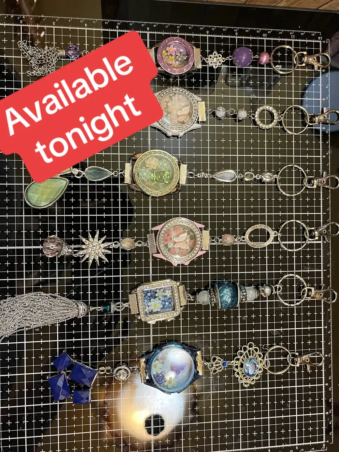 These repurposed watch dangles can be used as book dangle/purse decor/bookmark/keychain…however you like.  Each one is unique and one of a kind. The bracelets are one of a kind as well. Will be available for live auction tonight at 7:30 pm EST. #junkjournal #live #artsandcrafts #journaling #scrapbooking #journalwithme #scrapbookjournal #fyp #gothic #gothicjournal #dangles #bookmark 