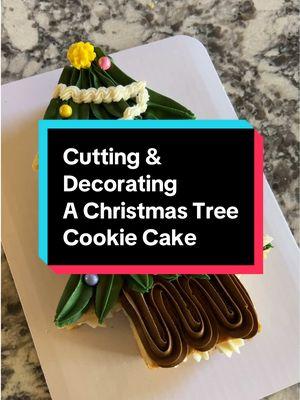 How to cut and decorate a Christmas Tree Cookie Cake (recipes for the cookie and frosting are pinned on my page) #cookiecake #cakedecorating #howtodecorate #bluecottagebakery #christmastreecookie #christmastree #christmasdessert #cakevideos #asmr #bakingasmr 