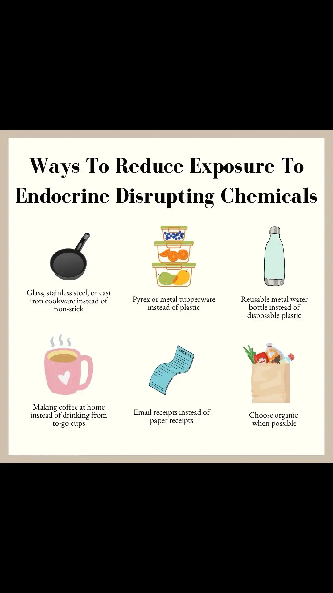 Endocrine Disrupting Chemicals are substances that interfere with the normal function of your body’s hormones.  During the prenatal time, the baby is the particularly vulnerable to exposure to EDCs since his or her organs are forming. Moreover, certain EDCs have been found to cross the placenta and come in contact with the fetus.  You can take certain precautions during pregnancy to limit exposure to EDCs. See below some swaps you can reduce your everyday exposure:  * Replace non-stick cookware with glass, stainless steel, or cast iron cookware * Use pyrex or metal tupperware instead of plastic * Get a reusable metal water bottle instead of using disposable, plastic water bottles * Make coffee at home instead of drinking from to-go cups (which are lined with plastic!) * Opt for emailed receipts instead of paper receipts * Buy organic when possible EDCs are one of the many topics that I cover in the Nourished Pregnancy Guide. Learn more at the link in my bio! #prenatalhealth #healthypregnancyeating #pregnancynutrition #pregnancydiet #pregnancyfood #prenataldiet 