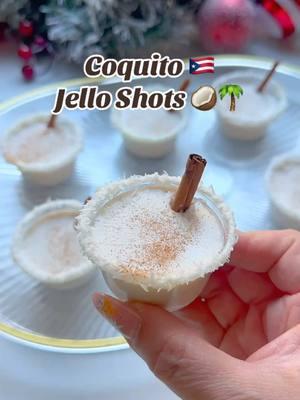 🥥🌴Feeling the holiday vibes with @rauwalejandro new album and these delicious Coquito Jello shots!  Coquito Jello Shot Recipe: Ingredients: 🥥1 packet of D'Gari Coconut Flavored 🥥Gelatin (4.2 oz) 🥥2 cups of Coconut Milk 🥥1 cup of regular Milk or evaporated milk 🥥1 cup of Rum 🥥1/4 teaspoon Pumpkin Pie spice (this substitutes the "tea" traditionally used in coquito) 🥥1 teaspoon Cinnamon Splash of vanilla (1-2 tsps) 🥥Shredded Coconut and White Chocolate for garnishing 🥥Cinnamon sticks for garnish Instructions: 1. Begin by placing the coconut gelatin in a mixing bowl. 2. Gently heat the coconut milk and regular milk together. For convenience, you can use a microwave; just heat for about 1 minute, until the milk is hot not boiling. 3. Once heated, pour the milks into the bowl with the gelatin and whisk thoroughly until well combined. 4. For the best result, chill your rum in the refrigerator before adding it to the warm milk mixture. Then, incorporate the chilled rum and stir well. 5. Next, add in the cinnamon and pumpkin pie spice (optional), vanilla, whisking again to ensure everything is mixed. 6. Pour the mixture into 2 oz jello containers and place them in the refrigerator to set for 3-4 hours. 7. After the jello has firmed up, prepare the cups by dipping the rims in melted white chocolate and then rolling them in shredded coconut for an extra touch. Sprinkle more cinnamon on top and garnish with cinnamon sticks. 8. Keep the jello shots refrigerated until you're ready to serve. This recipe yields about 18-20 coquito jello shots. Fyi: D'gari coconut gelatin can be found in most Hispanic grocery stores #coquito #coquitoseason #puertoricanfood #jelloshots #jelloshot #puertoricans #boricuastyle