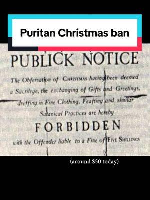 In 1659, the Puritans passed a law called the “Penalty for Keeping Christmas,” which prohibited anyone from celebrating the holiday in any way. Anyone found to be celebrating was fined 5 shillings.  The law was spearheaded by Reverend Increase Mather (father of Cotton Mather of the Salem Witch Trials). He believed celebrations of Christmas were consumed in “excess of Wine, in mad Mirth,” and would displease Jesus Christ. But furthermore, the law was passed to uphold the ever-important Puritan social hierarchy, and to discourage practices like “wassailing.” In 1681, the law was repealed under pressure from England—after 22 years!  However, Christmas remained changed. For about 200 years, many people still went to work or school on Christmas Day, until President Ulysses S. Grant made it a federal holiday in 1870.  #christmashistory #massachusettshistory #puritannewengland #puritans #christmasban #history #historytok #holidayhistory #historyofchristmas  