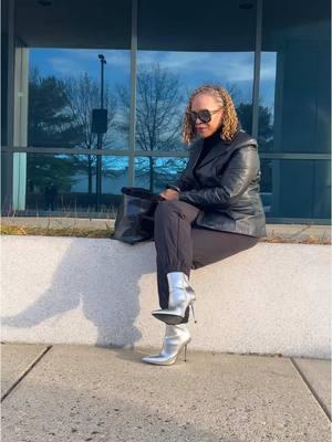 Weekend Casual Look Inspiration #over50style #dmvblogger #over50stylein #over50  Blazer @Goodwill of Greater Washington  Bag @TJ Maxx  Quilted Joggers ( old Sweden) Silver ankle boots @ShoeDazzle  Sunnies @Gucci  ( Rome) Lip @thelipbar  Turtleneck @ZARA 