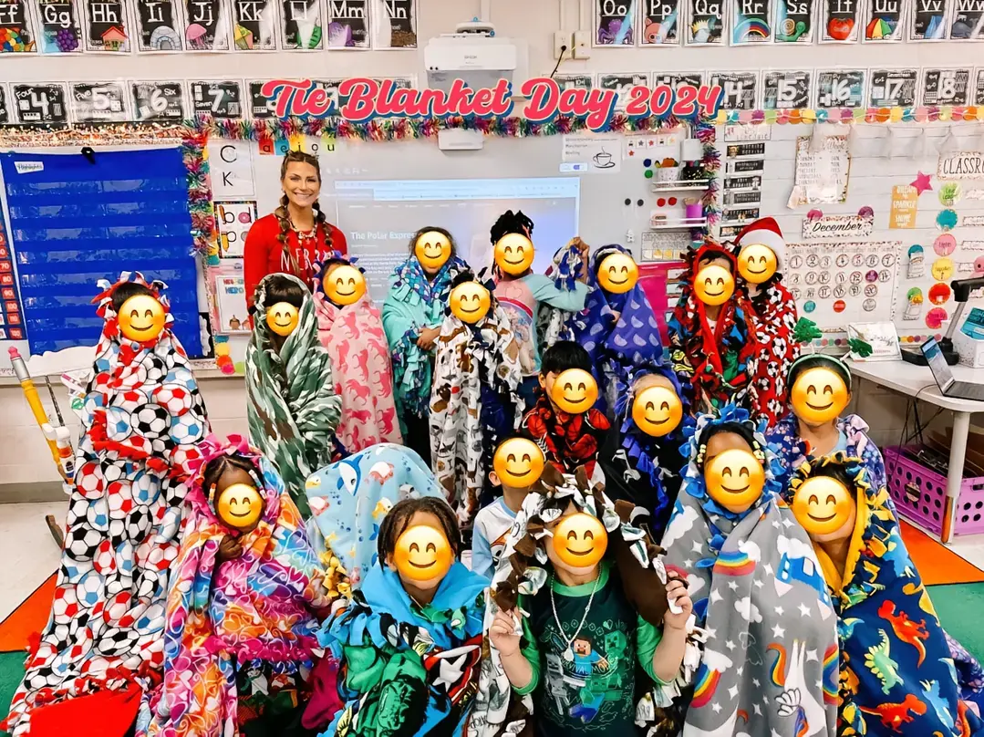 So many of my firsties said, “This is the best day of my life!” A HUGE thank you to all of you that helped make this project possible. Whether it was donating money or taking the time to make one. 🫶🏻  The smiles on their faces is the best gift I could receive. 🥰#teaching #teachers #firstgrade #holidays #holidayseason #tieblanketproject #tieblankets #seasonofgiving