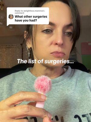 Replying to @weightloss.mamma so many surgeries 😂 the anesthesiologist said, “you’re a pro” this last time lol. #surgery #surgeries #anesthesia #panniculectomy #cubitaltunnelsyndrome #ulnarnerveentrapment #kidneystent #bladderslingsurgery #hystorectomy 