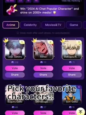 🚀 Big Event! Vote for 2024's Best AI Character Now! 🎉 The ultimate character showdown is here! >> Join the Event (https://www.polybuzz.ai/2024-AI-chat-popular-character) Pick your favorite characters from anime, games, movies, TV shows, celebs, and OCs! #PolyBuzz#polybuzz#aichabot#aicharacter #aibot