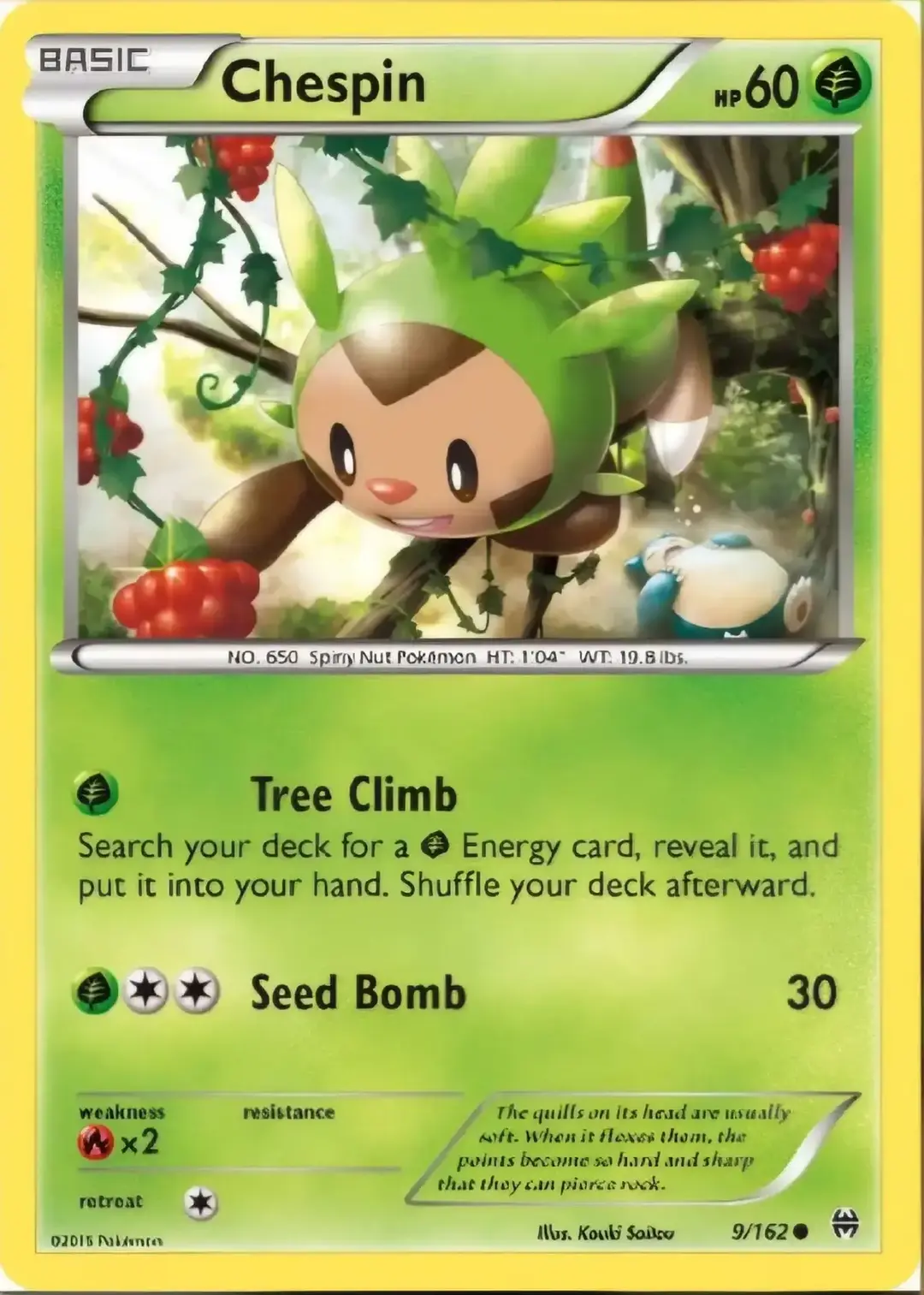 these two Pokemon cards show an unfortunate interaction between Chespin and Snorlax. Saitou’s Chespin card shows the Pokemon climbing along a tree branch to collect the ripe berries growing on the tree’s vines. A sleeping Snorlax can be seen lying on the ground below, unaware that Chespin is above it. #pokemon #pokemonmemes #pokemonadventure #pokemoncommunity #pokemontiktok #pokemonmanga #pokemoncards 