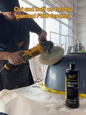 Cut and buff process for this 1955 Ford F100 fender to make sure the new paint shines. We use a two step process from @Meguiar’s to take paint from good to glass. Watching the shine come through is so satisfying, and this paint color is mesmerizing the way it changes hue depending on the light/ angle. #fatfendergarage #f100 #fordf100 #cutandbuff #paintcorrection #autobodyshop #meguiars #56ford 