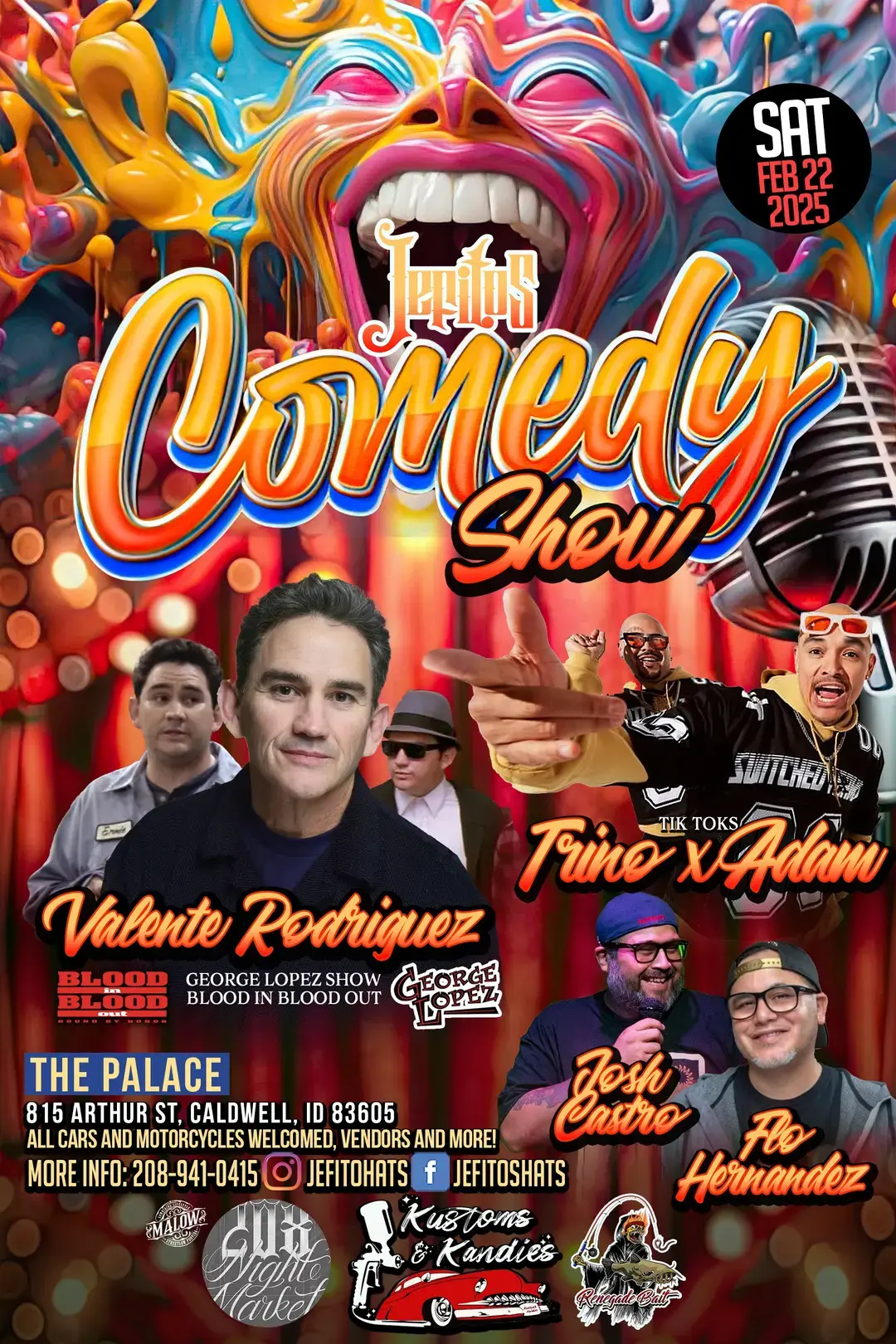 Hosted by @TrinoxAdam Saturday February 22nd at The Palace in caldwell, ID. Save the date!! Stay tuned for more info🙌🏼🔥💯 #jefitos #jefitosogclothingbrand #jefitos6thannualcarshow #localbrand #localbusiness #caldwell #idaho #chicanolifetyle #comedyshow #trinoxadam 