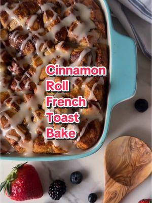 Looking to make something easy & delish for Christmas morning? This cinnamon roll french toast bake won’t disappoint 🫶🏼🫶🏼🫶🏼 RECIPE  2 tubes refrigerated cinnamon roll dough 4 Tablespoons melted butter 6 large eggs ½ cup milk 2 teaspoons cinnamon 2 teaspoons vanilla 3/4 cup maple syrup Pour melted butter in a 9x13 baking dish. Cut each cinnamon roll into 6-8 pieces and put inside the baking dish.  In a separate bowl, whisk the eggs, milk, vanilla, and cinnamon. Pour mixture over the cinnamon rolls. Pour maple syrup over the mixture. It will look like a lot of liquid but it will absorb.  Bake at 375 degrees for 35-45 minutes. Top with the icing from the cinnamon rolls. #breakfastcasserole #breakfastbake #cinnamonrolls #frenchtoast #christmasrecipes #breakfastrecipes #holidayrecipes #christmasmorning 