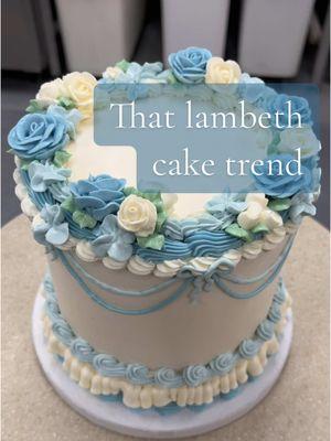 First #assembly video at the new job! This #cake is giving ✨fine china✨ . . . . . . #cakedecorating #caketok #cakeart #cakeartist #lambethcake #floral #blue #roses #frill #piping #oldschool #vintage #food 