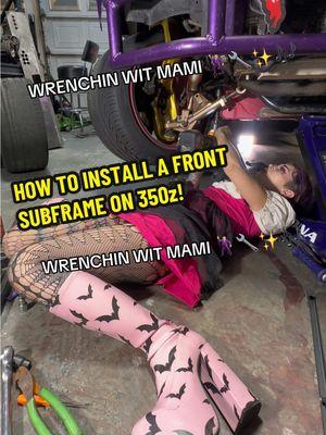 Replying to @Cheeko Installing a brand new front crossmember with partshopmax rack relocation plate welded on! This plate pushes the rack and pinion 36mm forward freeing up binding issues and giving me more useable angle, and better suspension geometry! 10/10 recommend!!!  I diddnt get the steering gear extender on video I guess but I can go in depth and explain it if anyone has questions! Feel free to ask!  . . . #cosplay #christmas #mechanic #fastandfurious #girlpower #womeninstem #nissan #350z #monsterhigh #draculaura #highheels #gothgirl #fyp 