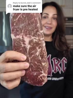 Replying to @burnie_bda air fying a steak from frozen, part two. Glad I did this, I want to rescind my original seal of approval… #preheat #airfrysteak #viralsteak #cooksteakfromfrozen 