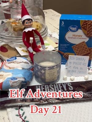 Our elf decided it was a perfect night for S’mores so he brought us everything that we’d need for them! #elfontheshelf #elfadventures #christmas #christmasmagic #smores #fireside #toddlersoftiktok 