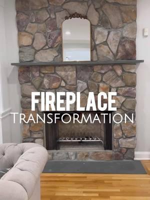 I envisioned updating this fireplace for years and I am so happy we finally did it! We painted the stone, added a propane insert, had a new mantle made, and replaced the floors. #fireplace #fireplacemakeover #stonefireplace #gasfireplace #homerenovation #homeremodeling #whitefireplace 