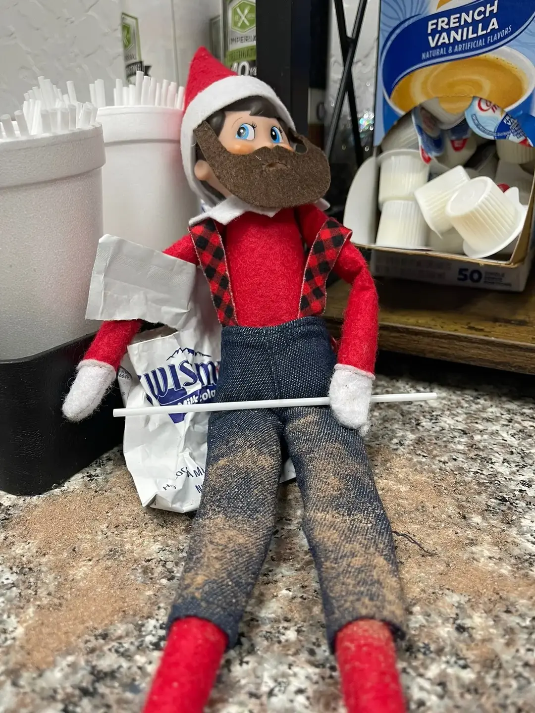 Our mini #mischief maker arrived for his #seasonal appearance from the #northpole 🤭  #workelf #worklife #bearded #elf  #minibrands #brokenornaments #snack #moonpie #koolaidjammers #hotchocolate #doublebubble #wallclimbing #doyouwanttobuildasnowman #biggokids #couchcleaning #hangingout #wrapper #candycrush #youtuber #elfontheshelf #elftivities 