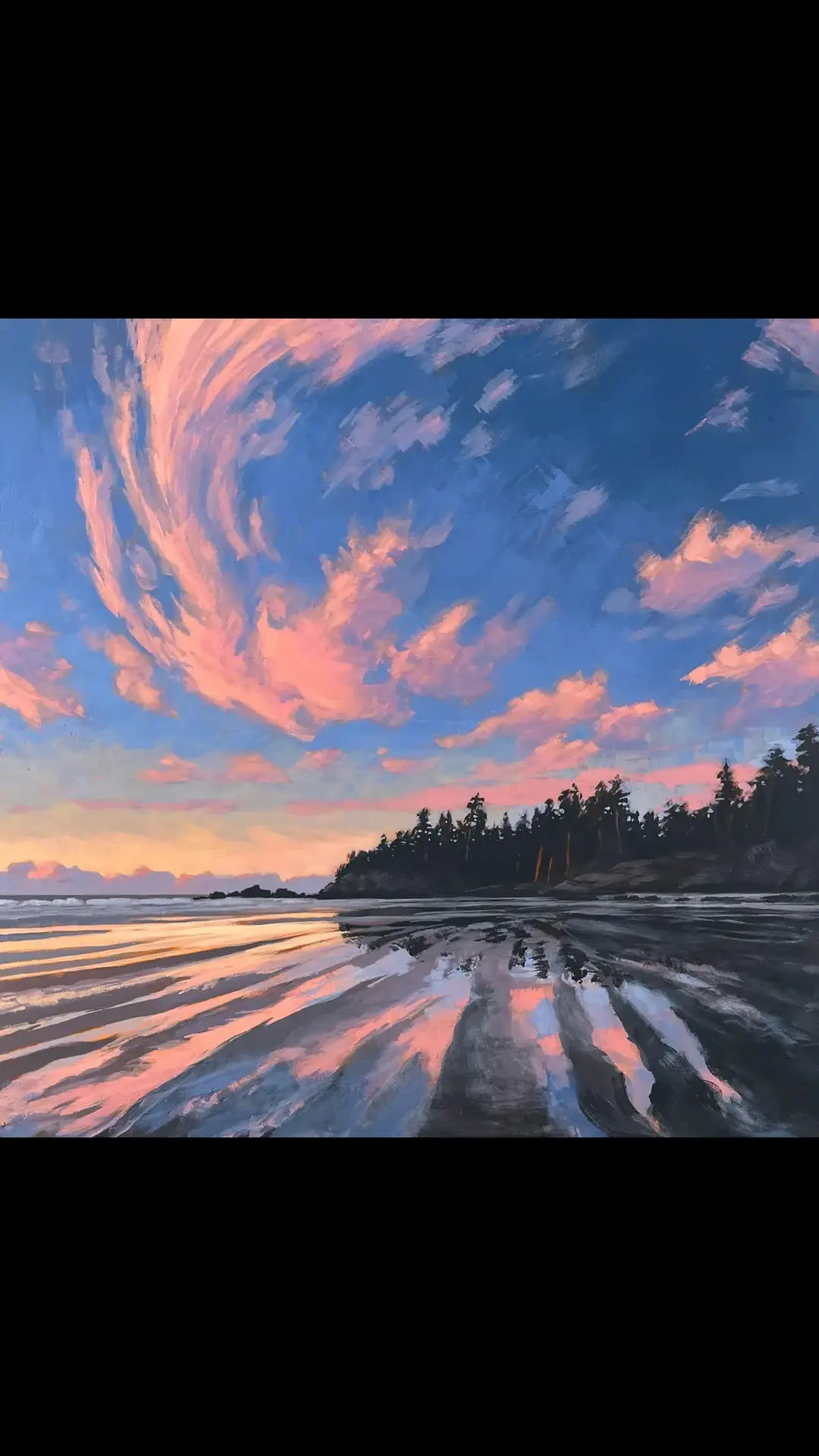 Today I start my annual countdown of my top paintings of 2024. Based on several metrics these paintings rose to the top. Number 10 on my Top 10 Paintings of 2024 … TOFINO SKY, 16x16”, Acrylic ©2024 Jim Musil 🎨 SOLD, Prints Available I love to paint sweeping skies filled with color. One of the best places to see this kind of sky is along a big body of water like the Pacific Ocean. Tofino is just such a place, set on the wild and beautiful coast of Vancouver Island. Winding inlets, trees and beautiful beaches are all part of this magical location. Enjoy! #artwork #tofino #vancouverisland #paintings #skylovers