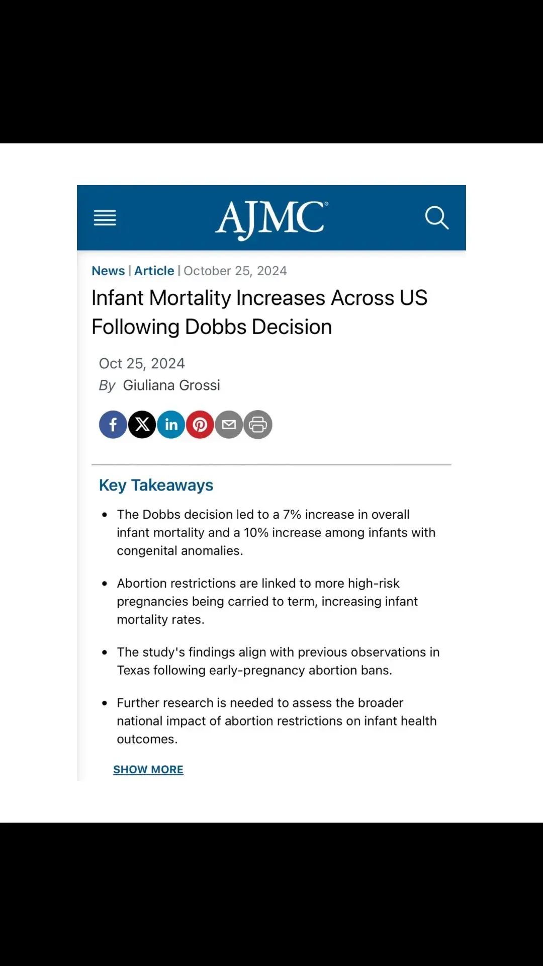 An interesting read, “The Dobbs decision was associated with approximately 0.38 additional infant deaths per 1000 live births overall and 0.13 additional deaths per 1000 live births for infants with congenital anomalies, according to the analysis. This translated to a 7% absolute increase in overall infant mortality—equivalent to 247 excess deaths—and a 10% increase among infants with congenital anomalies, corresponding to 204 additional deaths.”  Policymakers, healthcare professionals, and community leaders must come together to address this crisis, prioritizing data-driven solutions that center the well-being of families. It’s time to put science and compassion at the forefront of policy-making. I’m curious—what steps do you think we can take to reverse this trend and safeguard the future of maternal and infant health in our country? Let’s start a conversation. #MaternalHealth #InfantMortality #ReproductiveJustice #PublicHealth #PolicyChange