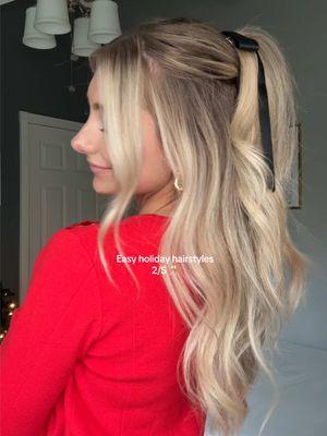 Easy half-up half-down hairstyle perfect for the holidays ✨ #hairtok #easyhairstyles #halfuphalfdown #holidayhairstyle #hairtutorial #christmashair 