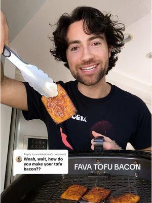 Replying to @anniekubala Tofu Bacon 🥓  If you want a quick high protein bacon vibe this one is for you! Takes no time to make, it’s low fat and perfect for sandwiches 😁 Full Recipe: 1/2 block tofu (you can slice regular tofu much thinner but I use soy free fava tofu) 2 tbsp coconut aminos 2 tbsp maple syrup  1/2 tsp smoked paprika 1/2 tsp garlic powder 1/2 tsp black pepper pinch salt & olive oil is optional Air fry at 400 for 5-7 minutes or until golden brown and crispy. Enjoy! #vegan #plantbased #veganrecipes #veganchef #baconalternative #veganbacon #EasyRecipes #explorepage #veganmeat #fypage #plantbasedrecipes   #foodreel 