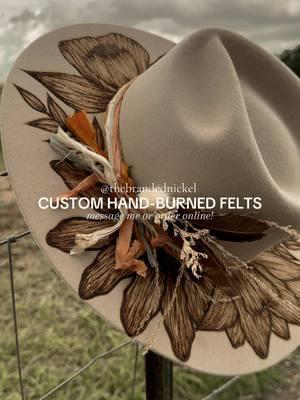 its felt szn! #trending #fyp #customhatbar #truckerhatbar #westernaccessories #westernfashion #westernwear #brandedhatbar #customsartwork #conchotruckerhat #hatbandsforcowgirls #grannysquares #westernphotography #customhatshop #handburnedhat #featheredtruckerhat #hatartist #hatarttiktok #handburneddesign 