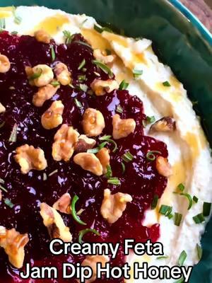 Creamy feta cream cheese dip with jalapeño jam, hot honey ,pistachios, or walnuts with crostini  Blend together: 1. 8 oz cream cheese room temperature  2. 16 oz feta crumbled or block  3. 1 large garlic or 2 small  4. 1 Jalapeño  5. 1/2 teaspoon salt and black pepper  6. 1 tablespoons olive oil  7. 4-6 tablespoons water - add as needed to spreadable consistency  Serve with  1. 1/4 cup Raspberry jam or jalapeño jam 2. Sprinkle 1/4 cup Chopped walnuts or pistachios  3. Drizzle Hot honey or honey  4. Sprinkle 1 tablespoon Chopped rosemary  5. Serve with Toasted crostini or crackers  #foodies #eat #good  #delicious  #chicken #beef  #appetizer #Recipe #recipes #cooking #instafood #igdaily #dinner #food #yum #instagood #chistmas  #snack #foodgasm #instadaily #tasty #tastyfood #chickenrecipes #reels #reelsinstagram #reelsofinstagram #reelsviral #reelsinsta #Foodie #deliciousfood chickens lunch bbq salad beef Mexico Chinese food take out fake away eeeeeats huffposttaste bhg  4thofjuly bbq Christmas thanksgiving game day game night nfl football basketball baseball party get together spicy good easy recipe  #foodtik #foodtiktok #FoodTok 