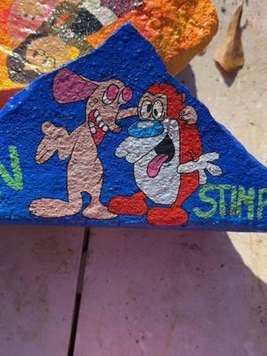 Replying to @stephaniedhollosy this was a silly suggestion 😁 think they turned out pretty good #renandstimpy #cartoon #brick #brickpainting #fundecor #diydecor #gardendecor 