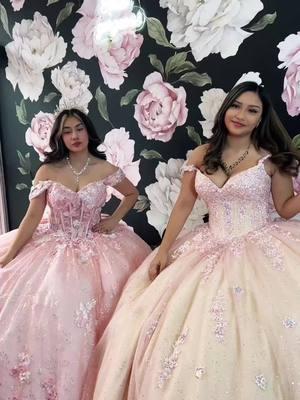 When you and bestie love pink! #fyp #pinkdresses #quincedresses #sweet16dresses #tiara #enchanted #butterflies #floral #alborada #boutique #chicago #littlevillage