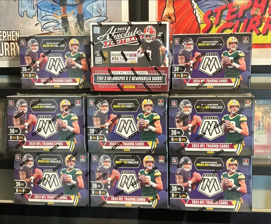 This weeks Pick Your Team break is loading! 8x 2024 Mosaic Hobby Blasters with exclusive Red Parallels and 1x 2023 Absolute Hobby Box! Its gonna be fun yall! #whodoyoucollect #nfl #cardcollection #kaboom 