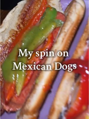 SALSA INGREDIENTS: -Anaheim pepper (1) -Poblano Pepper (1) -Jalapeños (2) -Serrano Peppers (2) -Tomatillos (6) -Garlic cloves (8 lol) -Onion (1/3) -Chicken bullion (eyeball it lol) -cumin (1/2 tspn) -black pepper -cilantro -Lime (1) HOT DOG INGREDIENTS -Green Bell Pepper -Red Bell Pepper  -Onion -Tomato -Jalapeños -Red Pepper flakes -Garlic Powder  -Mayo (for bread) -Hot Dog Buns (I used Hawaiian hot dog bread lol) INSTRUCTIONS 1: roast the Anaheim & Poblano peppers. Once nice and toasted put them in a plastic bag covered in a kitchen towel to sweat 2: cut the jalapeños (take out seeds if don’t want it too spicy) & Serrano peppers in 1/2. Also, cut the onion into your desired size. (I used about 1/3 for how much I was making.  3: put in boiling water the jalapeños, Serranos, onion, & garlic. Cover until peppers change color a bit. (Just a little water. This will be used for the salsa too and it’ll be too liquid-y if u use too much water-u can always add more but u can’t take out)  4: once the jalapeños & Serrano peppers have changed color THEN add the tomatillos (I used 6) cover and wait like 5 minutes. If the color of the tomatillos havnt changed keep longer. Take out as soon as they changed color a bit to a more yellow/green Mat color.  (Do not keep too long or it can turn bitter) 5: once color changed, add to blender: Everything in the pot (Water last- DO NOT pour water right away. So u can measure properly), Cilantro, chicken bullion, salt, black pepper, cumin, Lime, THEN the water. Just enough so that it is able to blend. Then add until you reach YOUR desired salsa consistency HOT DOGS 1: on a heated pan with oil, throw in your bell peppers, onion, & jalapeños along with your hotdog sausages (I did one split down the middle longways to help cook better) sprinkle with red pepper flakes and garlic powder  2: while u cook until u get desired cooked level for your sausages, heat up butter in a pan and toast up the bread.  3: add Mayo to both bread sides and add  hotdogs sausages with bell peppers onions & jalapeños (if wanted spicy) and topped off with your green salsa (trust me. U don’t need ketchup or mustard with this!) #mexicanhotdogs #bestgreensalsa #salsaverde #hotdogsmexicanos #cookingwithammy #easymeal #lifewithammyecarter 