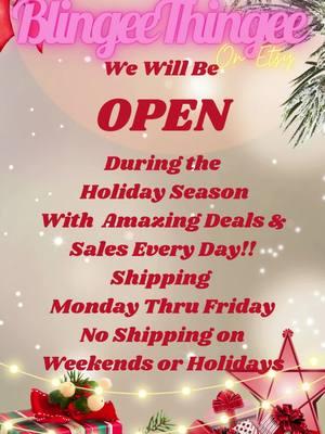 Identify 7 Days A Week During the Holiday Season and shipping Monday thru Friday ~ NO Shipping on Weekends or Holidays ~ Enjoy Lots of Sales and Discounts Daily !! BlingeeThingee on Etsy Rhinestone Supplier A Sparkly Supply Shop  #crafty #rhinestones #bling #rhinestonevendor #rhinestonesupplier #BlingeeThingee #