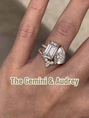 Two stones, two souls, one love story. 💎💎💞The Gemini Toi et Moi ring says it all.❤️‍🔥 Engagement Ring: -The Gemini, Toi et Moi 6 ctw Elongated Emerald-cut and Pear-shaped Ring (center stone type: moissanite) Stacked with: -The Audrey, V-Shaped Curved Diamond Band -The Cora, Mini Dome Gold Ring -The Iris, East-West Floating Diamond Band #earthena #earthenajewelry #classicring #diamond #weddingengagement #weddingproposal #ringpop #popthequestion #shesaidyes #bemylover #luxuryrings #happywifey #engagementring #classystyles #classyring #trendingstyles #styleoftheday #dreamring #idorings #diamondring #lovejewelry #obssesed #weddinggoals