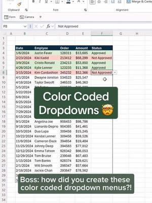 Color coded dropdowns or christmas themed table 😉 Download my FREE Excel Shortcut Guide using link in bi0. #excel #exceltips #exceltricks #spreadsheets #corporate #accounting #finance #workhacks #tutorial #sheets