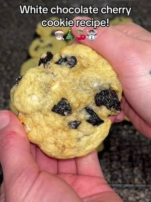 White Chocolate Cherry Cookie recipe 👇🏼 Add these dry ingredient into a bowl 2 3/4 cups all-purpose flour 1 tsp baking soda 1/2 tsp baking powder 1/2 tsp salt 2 tosp brown sugar 1 cup + 2 tbsp sugar Thoroughly combine with a wisk Add 2 sticks of softened butter incorporating into flour leaving a chunky mixture Lastly add 1 large egg 2 tsp vanilla extra Add 1 cup dried cherries  Add 1 bar of white chocolate cut into chucks   Cook on 350 degree preheated oven 9 minutes ONLY set to side for 5 minutes to cool in pan then put on a wire rack to cool & finish cooking!l #hollidaycookies #cookiesoftiktok #cookierecipe #sugarcookies #sugarcookierecipe #whitechocolatecookies #cherrycookie #cherrydessert #sugarcookies #bakeingtiktok 