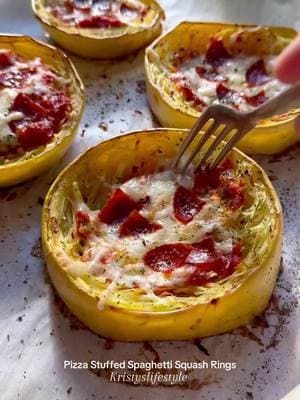 Pizza Stuffed Spaghetti Squash Rings I will only make spaghetti squash like this from now on! It reduced the cooking time and was the perfect portion. 👏🏼 RECIPE - Makes 4 rings INGREDIENTS: 1 medium spaghetti squash  avocado oil spray s&p to taste  1/4 cup Rao’s pizza sauce 1/4 cup good culture cottage cheese  5 slices of turkey pepperoni, quartered  1/3 cup shredded mozzarella cheese  crushed red pepper flakes  dried oregano  DIRECTIONS: 1. Preheat oven to 400 degrees F.  2. Use a fork to poke some holes in the squash.  3. Microwave it for 3 minutes to soften it a bit. 4. Trim the ends off and then cut it into 4 rings.  5. Scoop out the inside guts and seeds (like carving a pumpkin) and then place them on a parchment lined baking sheet.  6. Spritz with avocado oil spray and season with salt & pepper.  7. Bake for 20 minutes.  8. Remove from the oven and then use a fork create “noodles” by pulled the sides toward the center.  9. Add 1 Tbsp of cottage cheese and 1 Tbsp of pizza sauce to each one and mix it in with the noodles.  10. Top with pepperoni, mozzarella cheese, oregano and crushed red pepper flakes.  11. Bake for another 15-20 minutes.  NUTRITION: 1 stuffed ring | 5.3g net carbs | 6.7g total carbs | 1.4g fiber | 73 calories | 6g protein | 3g fat | 2.8g sugar  #spaghetti #squash #dinner #lunch #easy #highprotein #lowcarb #lowcalorie #keto #weightwatchers #food #healthy #kristysketolifestyle #kristyslifestyle 