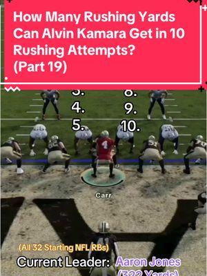 How Many Rushing Yards Can Alvin Kamara Get in 10 Rushing Attempts? #football #nfl #madden #madden25 #fyp #neworleans #neworleanssaints #alvinkamara 