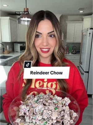 MAKE YOUR OWN REINDEER CHOW! 🦌 When I tell you that you’re going to be addicted to this, I’m not kidding! All you need to do is combine 4 cups of Corn Chex, 4 cups of Cheerios, 4 cups of pretzels and 2 cups of M&Ms and stir thoroughly. Next pour melted white chocolate over it and stir thoroughly again. Lastly, refrigerate it for about 10 minutes so it sets and then serve immediately or store in a airtight container for up to a week.  #momlife #christmas #christmasdessert #Recipe #snackideas #MomsofTikTok 