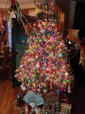 Presenting this years sequin ornament tree. I added so many more ornaments, inside and out. I wish you could see her in person! #sequinornaments #vintageornaments #vintagechristmas #vintagechristmasdecor #vintagechristmasdecorations #ladytree #christmaslady  #beadedornaments 