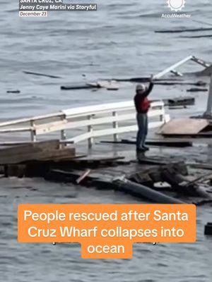 Part of the Santa Cruz Wharf collapsed on Monday when powerful waves smashed it apart, sending three people into the ocean.  #santacruz #california #weather #ocean #pacificocean #news #usnews #accuweather 