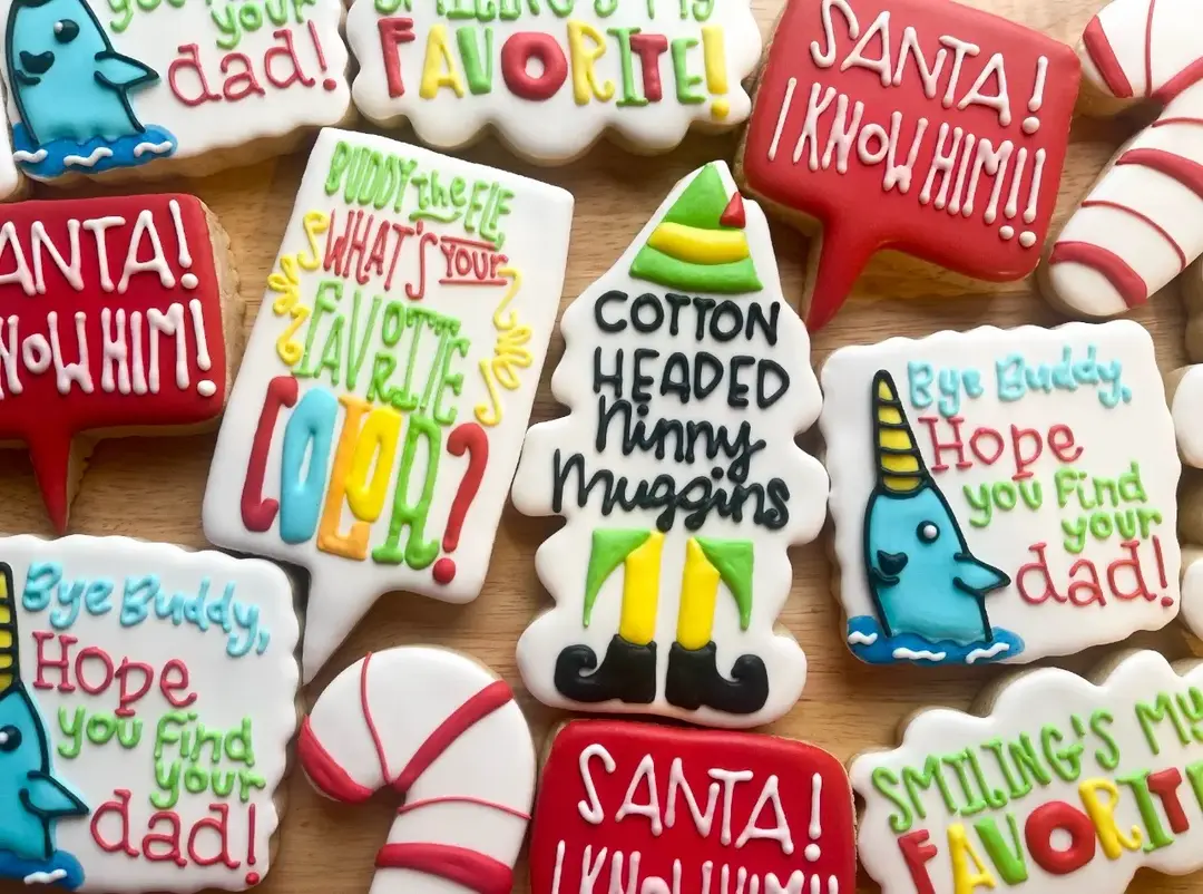 Merry Christmas Eve! Loving all the bright colors in this Elf inspired set!  #tennessee #fyp #foryou #foryoupage #sugarcookies #sugarcookiemarketing #sugarcookiedecorating #sugarcookiesoftiktok #homebaker #cottagebaker #cookier #fypシ #customsugarcookies #elf #elfcookies 