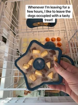 These frozen treats are a source of entertainment for my pack! Its a stimulating and enriching reward for them while theyre home without me or in their crates.  Current recipe:  On the bottom: sweet potato puree Middle: some wet dog food Top layer: goat milk & banana puree Topping: cut up apples These containers are so durable and easy to make these in bulk for my dogs to enjoy!!!  #dogtreats #Recipe #lickmat #dogmom #frozendogtreats #dog #fypシ #foryou #TikTokShop  