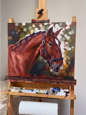 The making of my latest portrait. 😌🎨 Large brushstrokes and a simple background are my favorite way to really bring the focus onto the horse’s face. ❤️  #westernart #horses #horseart #horsepaintings #coloradoartist #westernpaintings #petportrait #lusitano #andalusian #oilpainting 