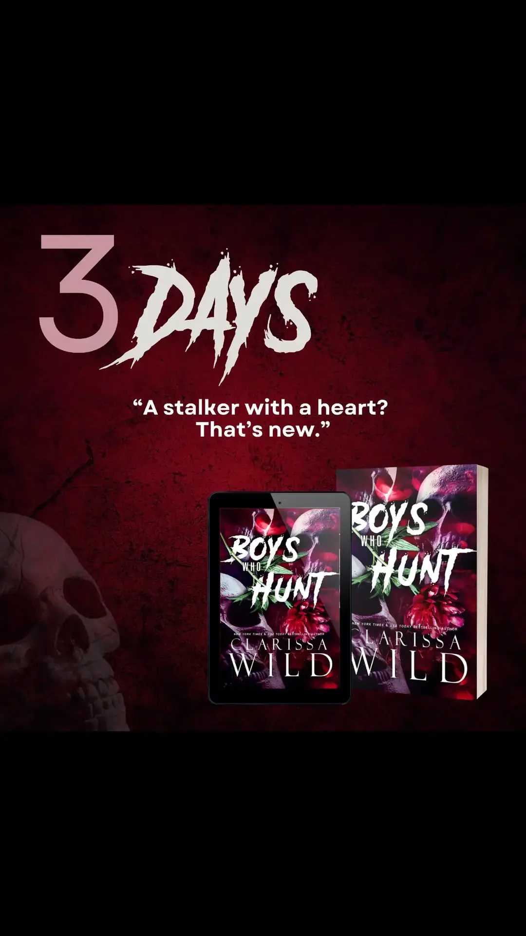 Only 3 more days until Clarissa Wild's new release Boys who hunt! If your a fan of dark romance or reverse harems you'll want to put this on your tbr. ##arcreader #booktokrec #darkromance #spicyreads #clarissawild #reverseharem #booktokfyp #bookaholic #momswhoread #bibliophile #booktoker #BookTok #physreads #fyp 