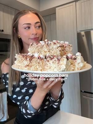 HOLIDAY POPCORN BARS 🎅🏻🎄💌🍿 recipe below!  INGREDIENTS:  - ~1.5 bags popcorn (I’m using @LesserEvil Snacks) - 1/2 cup unsalted butter (you can use dairy free butter)  - 20 oz large marshmallows (abt 2 bags) - 2 tsps vanilla extract  - 1/4 tsp sea salt  TOPPINGS:  - chocolate to drizzle - mini marshmallows  - Crushed candy cane  - Anything your heart desires 🫶🏼 INSTRUCTIONS:  - heat up the largest pot you own over medium heat, add in butter. Mix until melted. - Then add in your vanilla extract, salt + marshmallows. Mix until mostly melted (~5-8 mins) *spray your spatula with some oil so that nothing sticks to it* - Then remove from heat and add in your popcorn. Mix until everything is coated with the marshmallow mixture.  - Spray your 9x13 pan with avocado oil and then add in your popcorn mixture.  - Press with your fingers or a spatula until you reach an even layer.  - Add your toppings then cover and let it set 1 hour. Then it’s time to serve 🫶🏼 thank you lesser evil for the recipe!!! 🥹🍿  #popcornbars #HolidayTreats #christmas #ricecrispytreats #easydessert #holidaydessert #dairyfreerecipes #glutenfreerecipes #holidayrecipe #easydessert #Recipe #sweettreats @Simply Organic @Dandies Marshmallows 