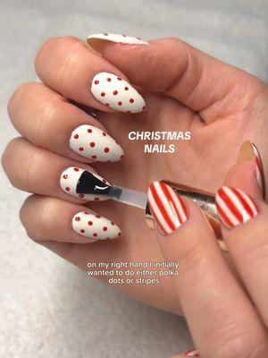 LOVING HOW MY CHRISTMAS NAILS TURNED OUT❣️💌 All my nail essentials are in my Amazon Storefront under ‘Nails at Home’!  #nailsathome #nailday #christmasnails #selftaughtnailtech #stripednails #nailarttutorial #polkadotnails #funnails #nailinspo #nailideas #rednails #athomenails #nailtutorial 