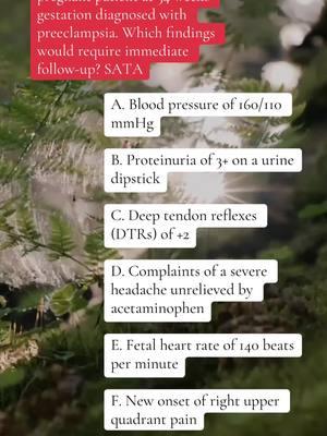 📢 🚨 NCLEX Challenge Time! 🚨📢 Think you’re ready to tackle maternity questions? 🤰✨ Let’s test your knowledge! 👩‍⚕️💉 Question: A nurse is caring for a pregnant patient at 34 weeks with preeclampsia. Which findings would require immediate follow-up? 🔘 Blood pressure of 160/110 mmHg 🔘 Proteinuria of 3+ on a urine dipstick 🔘 Deep tendon reflexes (DTRs) of +2 🔘 Severe headache unrelieved by acetaminophen 🔘 Fetal heart rate of 140 bpm 🔘 New onset of right upper quadrant pain Drop your answers below! ⬇️⬇️ 💡 Hint: Watch out for signs of SEVERE preeclampsia! 🚑 ✨ Rationale will be posted later—don’t miss it! Save this post to study later! 📝📚 #NursingSchoolLife #NCLEXPrep #FutureNurse #NursingStudentsRock #MaternityNursing #NCLEXHighYield #StudyTips #CriticalThinking #RNLife #LPNJourney #MedSurgNursing #NCLEXQuestion #StudyHardNurseSmart 📌 Tag a classmate who needs this reminder! 👩‍⚕️💬