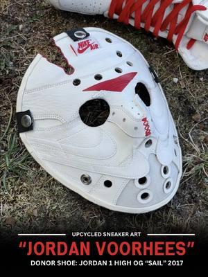 Another look at my Jordan 1 x Jason Voorhees mask upcycled from a Jordan 1 High OG Sail 2017. This project is right up there with my all-time favorites, because it allowed me to merge two of my passions, horror and sneakers! I repurposed the sneaker leather for the exterior of the mask, the interior is lined with the exposed flesh side of veg tanned leather. The mask is comfortable and the leather smells incredible. A plastic donor mask serves as the skeleton for form and support. I wanted to keep it simple, as a Jason mask naturally is, but still added some cool details that pay tribute to both the mask and the sneaker, which both are respectively iconic in pop culture.  I upcycle worn out or damaged sneakers to create my hand stitched leather goods and sneaker art!♻️ #sneakerart #jasonvoorhees #complexsneakers #leatherartist #jordan1 #fridaythe13th #sneakerhead #horror 